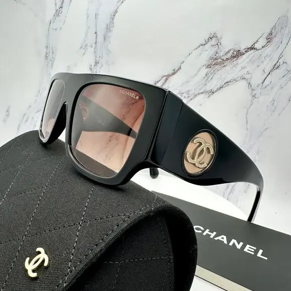 CHANEL Sunglasses Black Square Shield Gold CC Gradient Brown Lens - Picture 11 of 16
